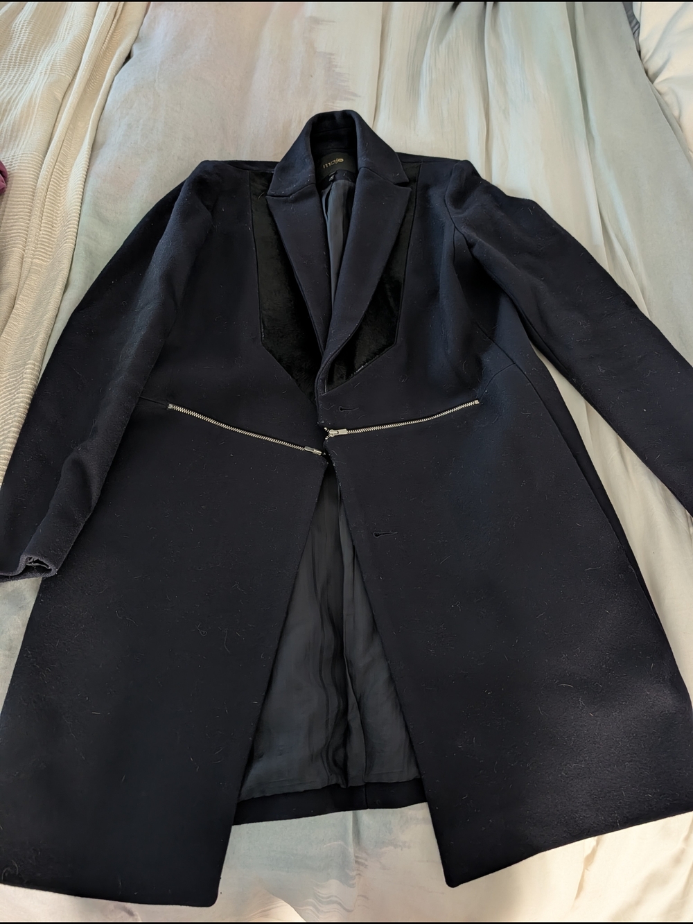 Maje Navy Satin-Lined Coat with Subtle Sheen